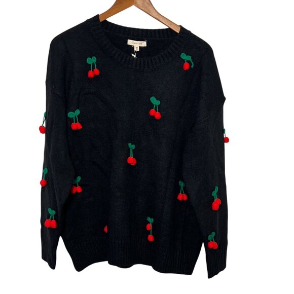 3D Knit Cherry Sweater Oversized Slouchy Black Whimsigoth Preppy Indie Medium - Picture 1 of 10